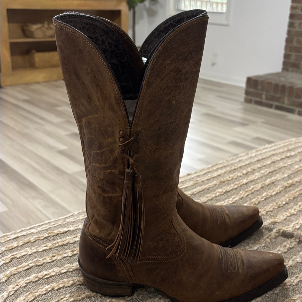 Ariat Women Brown Zipper Tassel Cowboy Leather Western Boots Size 8 - Picture 6 of 16